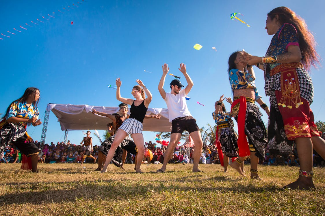 Traditional Balinese kite teams competing at the Bali Kite Festival Sanur