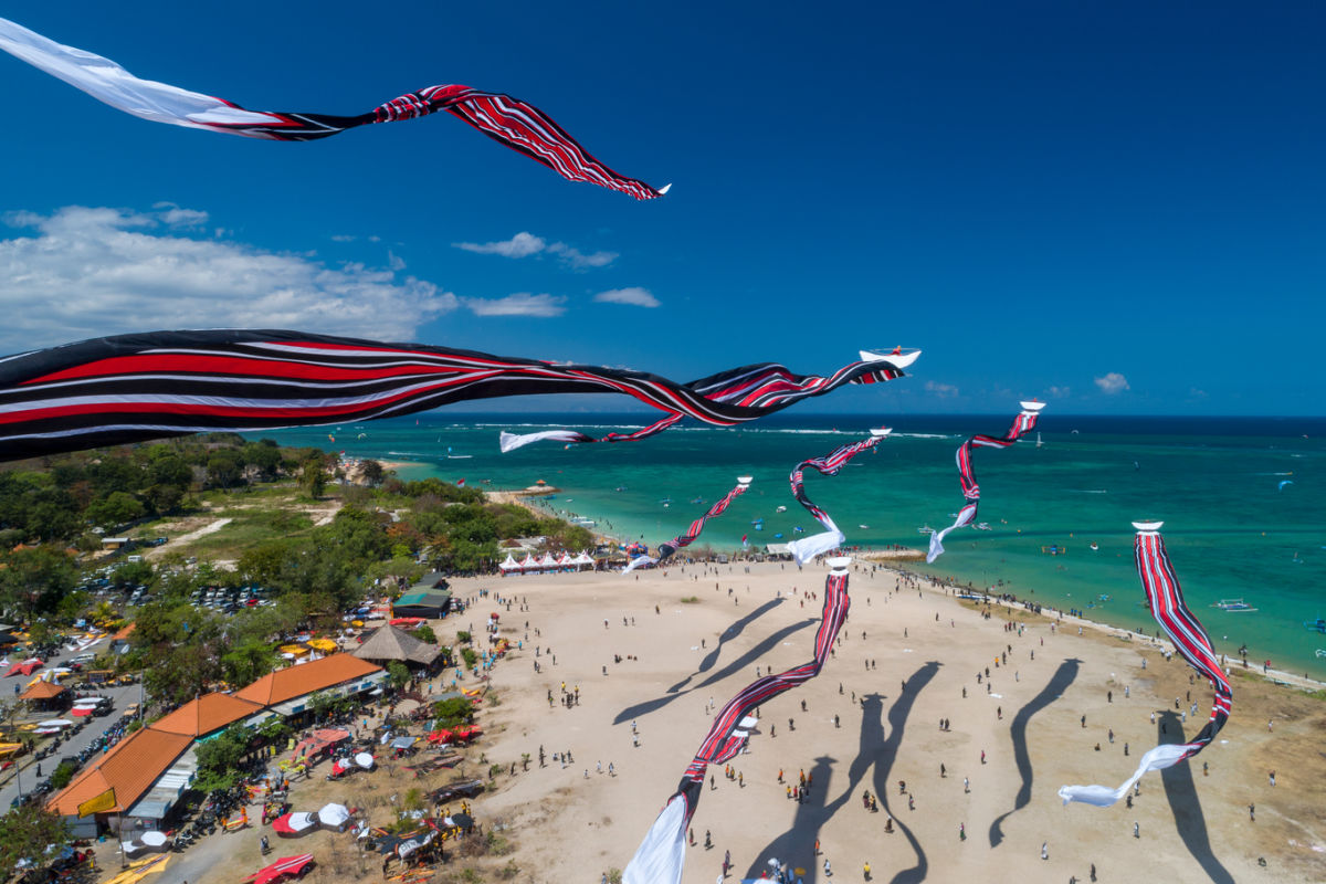 Traditional Balinese kite teams competing at the Bali Kite Festival Sanur