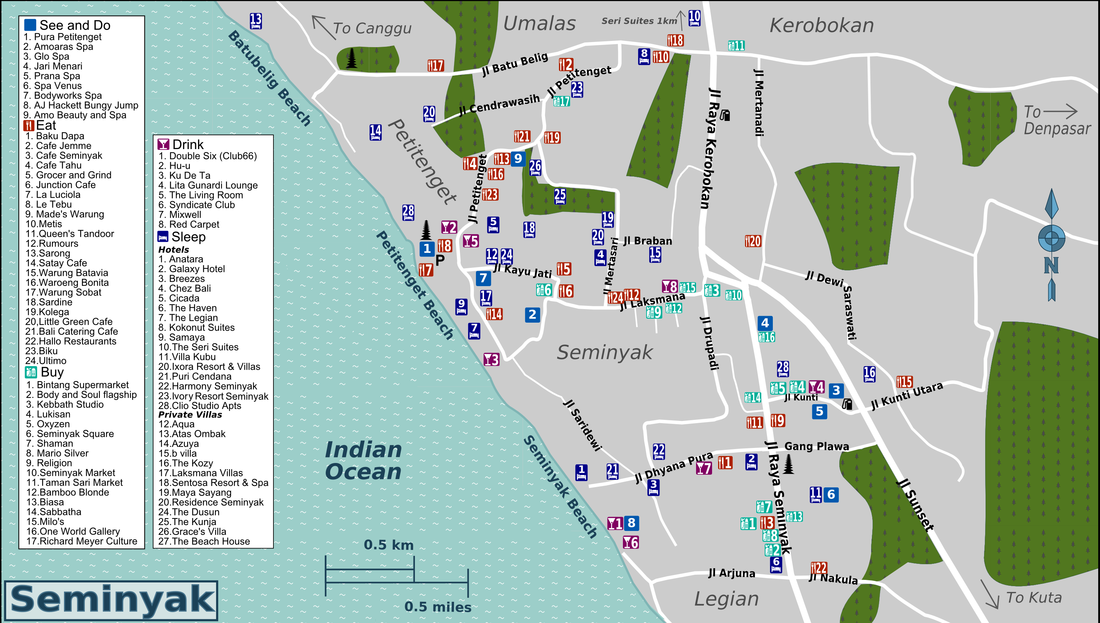 Detailed Bali map showcasing famous areas such as Ubud, Seminyak, Canggu, Sanur, and Nusa Dua, along with top attractions and points of interest.