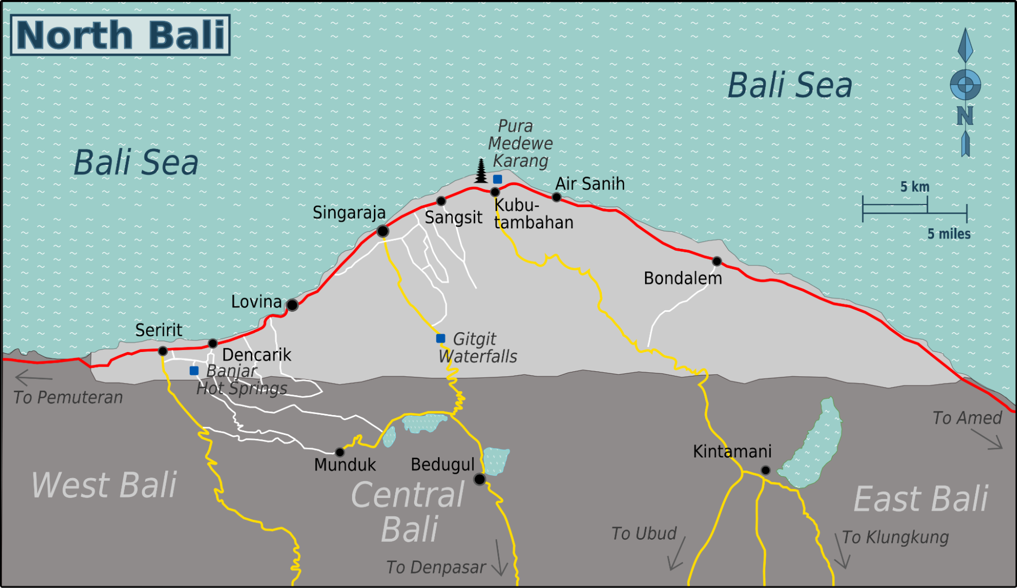 Bali map highlighting the island’s major destinations, popular beaches, cultural landmarks, and key travel routes to help visitors plan their itinerary.