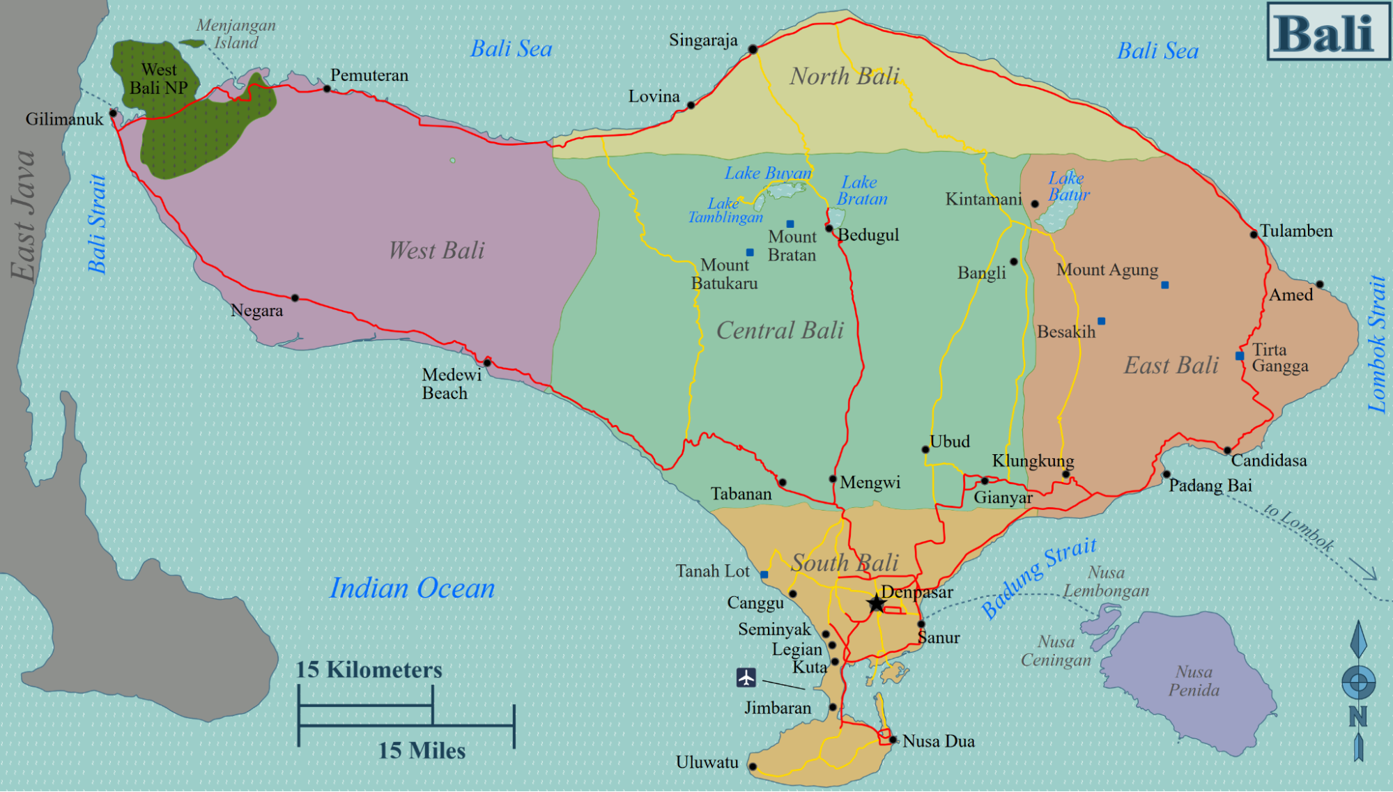 Bali map highlighting the island’s major destinations, popular beaches, cultural landmarks, and key travel routes to help visitors plan their itinerary.