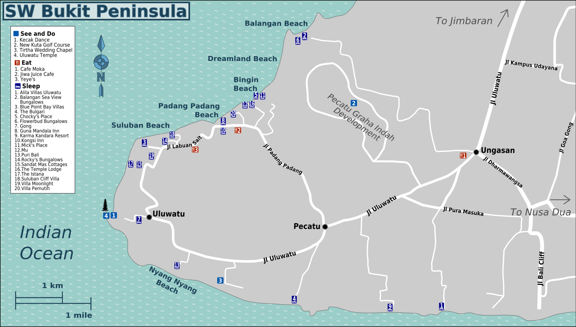 Detailed Bali map showcasing famous areas such as Ubud, Seminyak, Canggu, Sanur, and Nusa Dua, along with top attractions and points of interest.