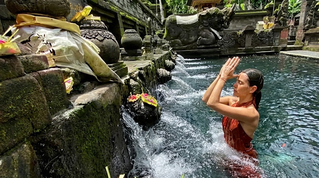 Travelers enjoying wellness activities in Bali, from sunrise yoga and sound healing to nature walks and rejuvenating spa rituals in tranquil tropical settings.